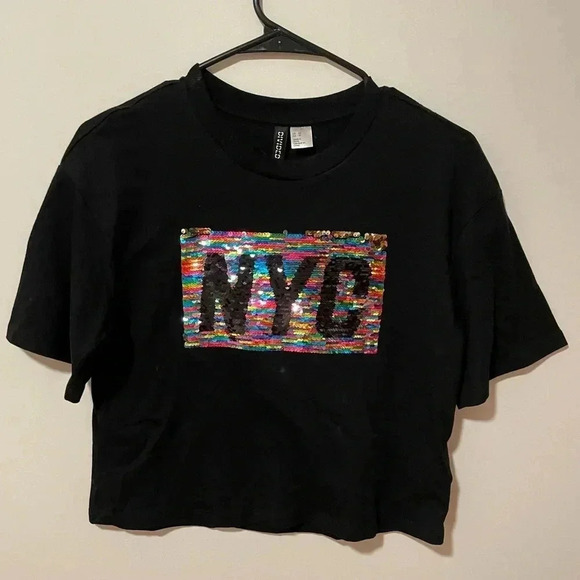 H&M Divided Oversized Crop NYC Tee W’s XS Reversible/Flip Sequins - Picture 4 of 9